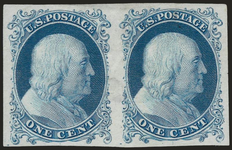 1c Bright Blue, Reprint, Imperforate (40a).> Horizontal pair, unused (no gum), large margins to full, bright color, Very Fine and choice, scarce imperforate 1c Reprint on stamp paper