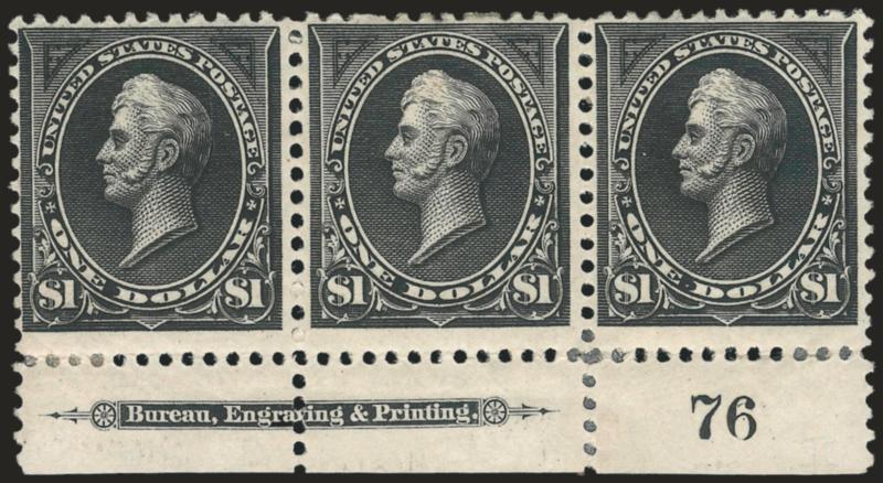 $1.00 Black, Types I-II-II (261-261A-261A).> Bottom sheet margin strip of three with <imprint and plate no. 76,> left stamp Type I and right pair Type II, original gum, h.r. where few perfs sensibly reinforced,
bright shade<><>^FINE AND RARE IMPRIN