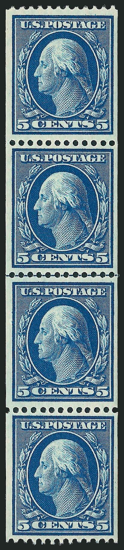 5c Blue, Coil (351).> Guide line strip of four, top stamp lightly hinged, other three (incl. guide line pair) Mint N.H., nicely centered, Very Fine