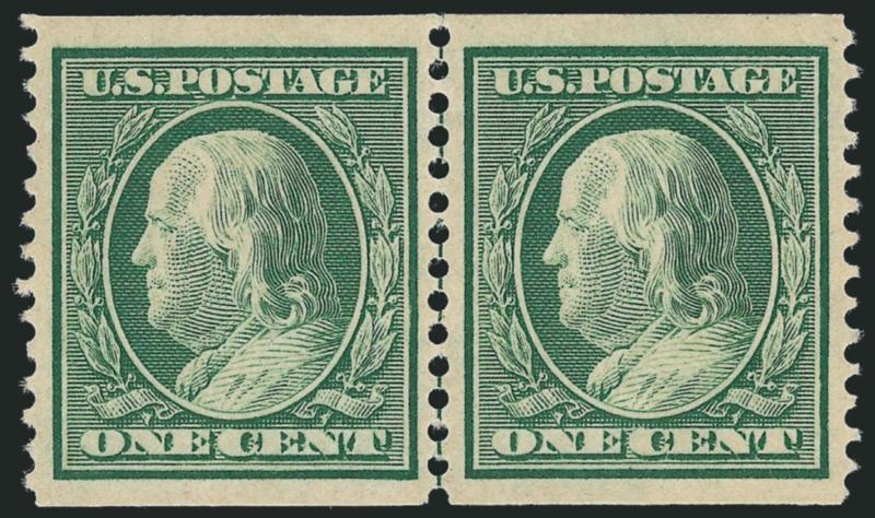 1c Green, Coil (352).> Guide line pair, extraordinarily well-centered with wide margins, choice color and faintly hinged, Extremely Fine, remarkably beautiful line pair, with 1999 P.F. certificate