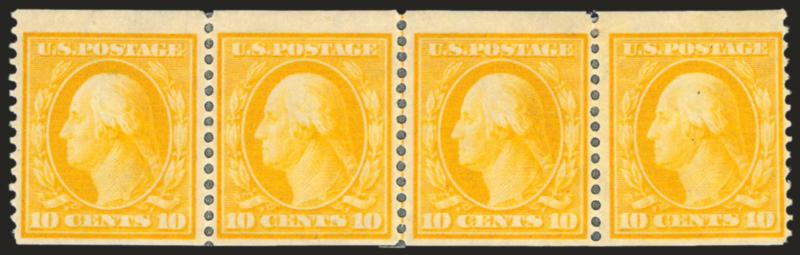 10c Yellow, Coil (356).> Guide line strip of four, vibrant color as fresh as the day it was printed, h.r. where some perf separations reinforced (not mentioned on accompanying certificate)<><>^FINE APPEARANCE.
A RARE GUIDE LINE STRIP OF FOUR OF THE