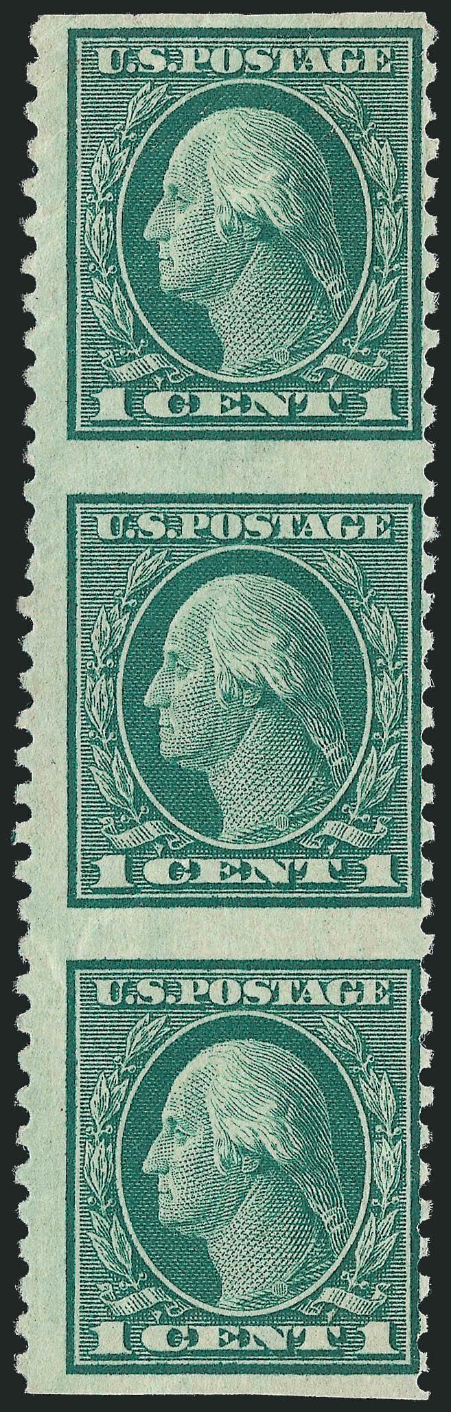 1c Green, Vertical Pair, Imperforate Horizontally (424c).> Vertical strip of three, top stamp light diagonal creases, bottom pair natural internal creases, (in our opinion these are just natural gum wrinkles or
creases), Fine appearance for this very