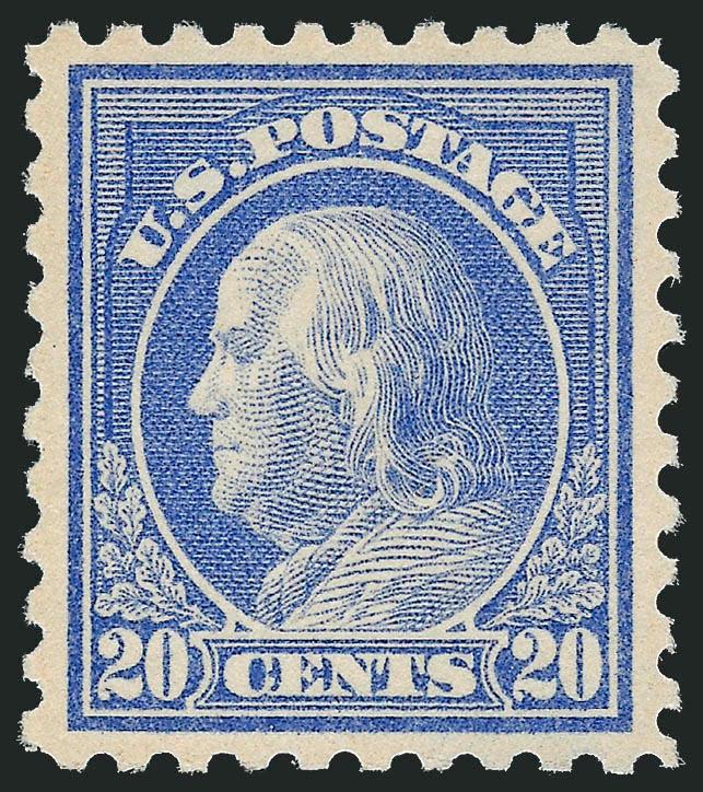 20c Ultramarine (438).> Mint N.H., lovely balanced margins with very petty pastel color, Extremely Fine Gem, very difficult to locate in this pristine post-office fresh condition, with 2009 P.S.E. certificate
(XF-Superb 95 SMQ $2,500.00)