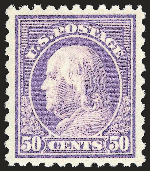 50c Violet (440).> Mint N.H., lovely color on bright white paper, unusually choice centering with wide and balanced margins<><>^EXTREMELY FINE GEM. A GORGEOUS MINT NEVER-HINGED EXAMPLE OF THE 50-CENT FRANKLIN,
SCOTT 440.^<><>With 1999 and 2008 P.