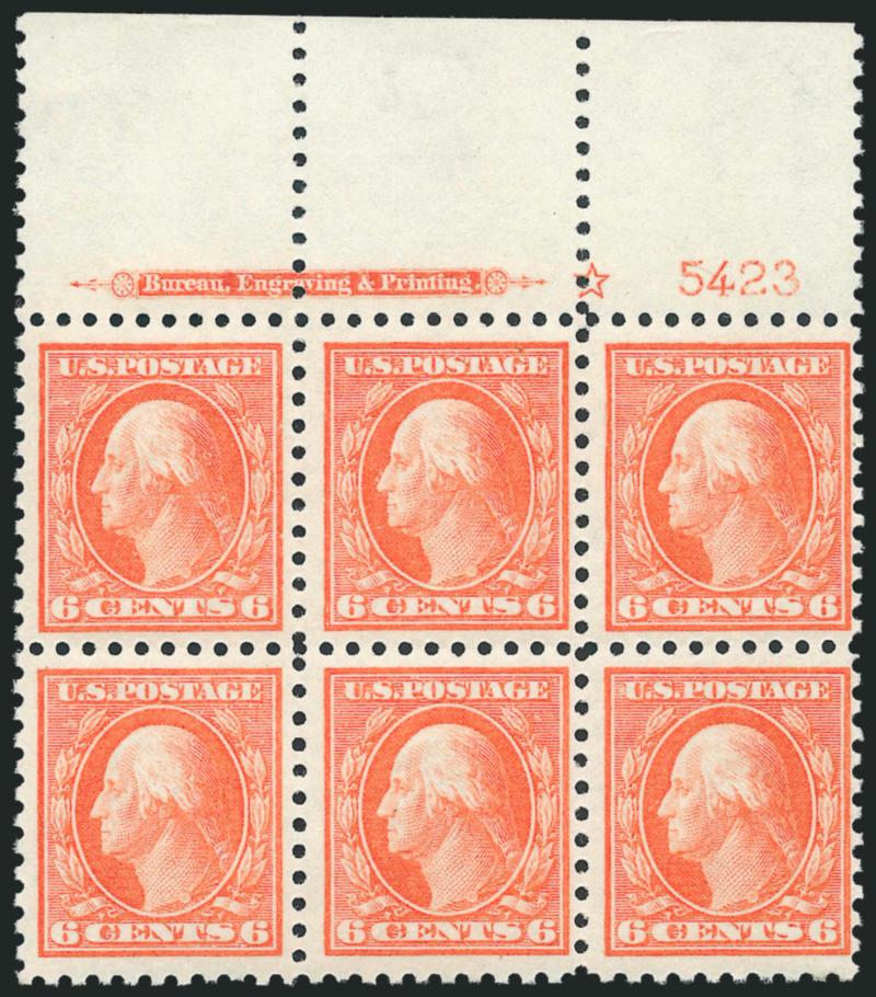6c Red Orange (429).> Mint N.H. wide top imprint, star and plate no. 5423 block of six, fresh, attractive bright pastel color, Fine-Very Fine