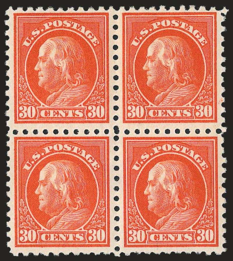 30c Orange Red (439).> Block of four, three lightly hinged, other Mint N.H., wonderful depth of color, lovely impression, Fine-Very Fine