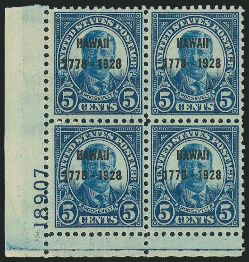 5c Hawaii Ovpt. (648).> Mint N.H. bottom left plate no. 18907 block of four, handsomely centered, Fine-Very Fine, with 2008 P.S.E. certificate