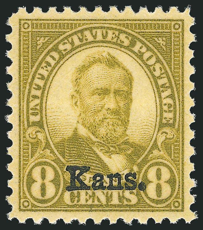 8c Kans. Ovpt. (666).> Mint N.H., pretty shade, superior centering with wide and balanced margins, Extremely Fine Gem, a superb stamp in every respect, with 1987 P.F. and 2006 P.S.E. certificates (Superb 98 SMQ
$1,550.00), only three have graded hig