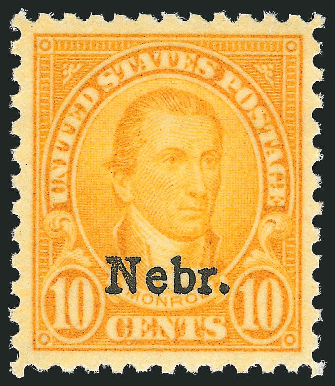 10c Nebr. Ovpt. (679).> Mint N.H., vivid color, unusually wide and balanced margins for this difficult issue, Extremely Fine Gem, a superb stamp in every respect, with 1999 P.F. and 2005 P.S.E. certificates
(Superb 98 SMQ $1,350.00), only two have g