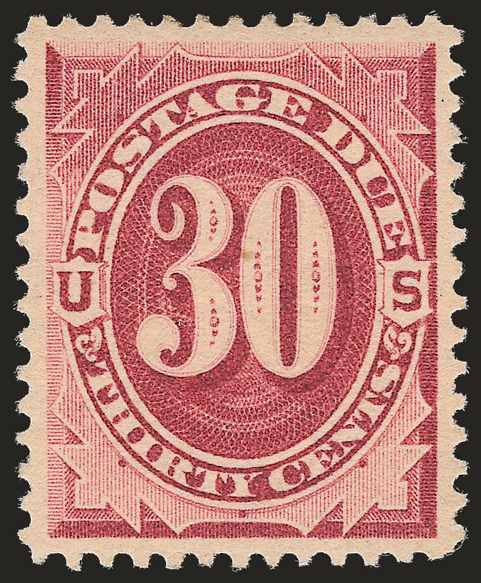 30c Bright Claret (J27).> Original gum, lightly hinged, gorgeous margins and centering, lovely bright color, Extremely Fine Gem, with 2007 P.S.E. certificate (XF-Superb 95 SMQ $1,400.00), there are only four
examples in this grade (one NH), none hig