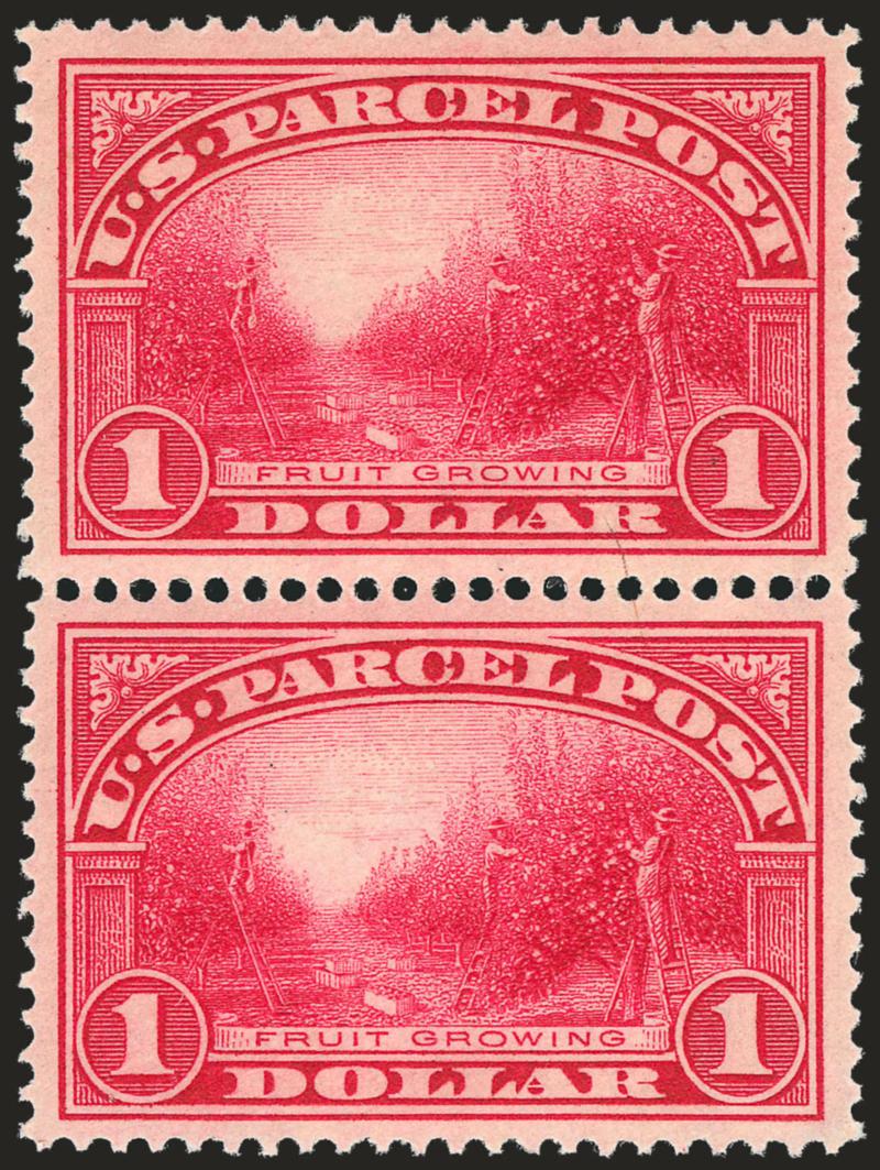 $1.00 Parcel Post (Q12).> Mint N.H. vertical pair, wide margins and wonderfully well-centered, bright color, natural fiber inclusion between stamps, otherwise Extremely Fine, with 2006 P.F.
certificate