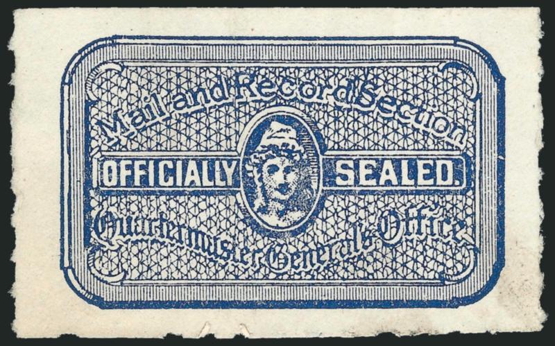 1919, Quartermaster Seal, Indigo, Rouletted 7 (OX20).> Unused single, no gum, rouletted on three sides, natural straight edge at top, slight soiling at bottom right and light creases, Very Fine appearance, rare
-- with only eight copies recorded, thi