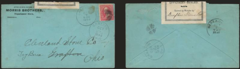 Black on White, Typeset Seal (LOX28).> Affixed over top of green cover and with ms. Grafton Stone Co. to Cleveland Stone Co. in Grafton O., town name crossed out and try Beria written in, with 2c 1894 Issue
tied by cork, Greenwich, Grafton and Be