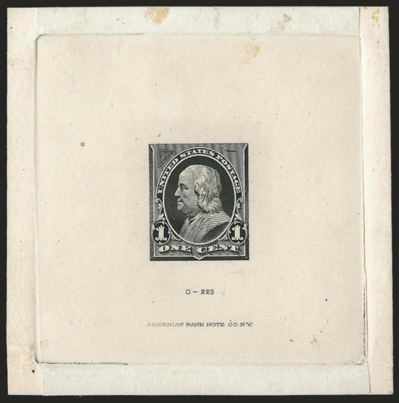 1c Black, Large Die Essay on India (247-E1).> On 72 x 72mm card with full die sinkage, die imprint at bottom, with triangle drawn in pencil at upper left and thicker horizontal ink line at top right, trivial
flaws to outside of India well away from d