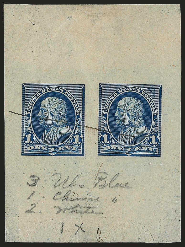1c Blue, Die Essay on Semi-glazed White Wove Paper (247-E2a).> 54 x 73mm, showing two designs, one at left without corner triangles, design at right with experimental 15-line high triangle printed at top right
only, ms. line thru designs also with pe