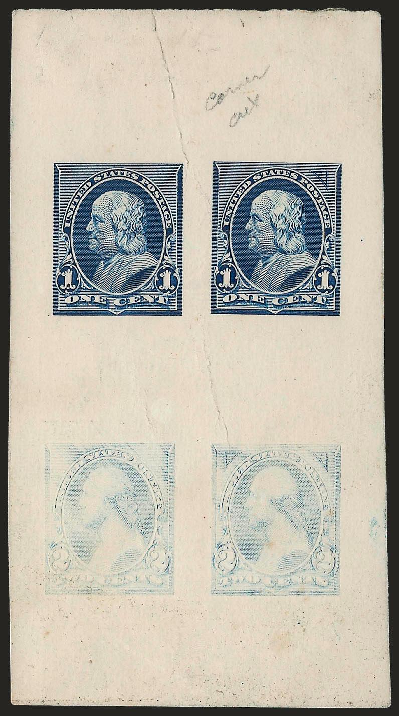 1c Blue, Die Essay on White Card (247-E2b).> 54 x 101mm, rich color, showing two designs, one at left without corner triangles, design at right with experimental 15-line high triangle printed at top right only,
pencil <<corner cut>> at top, faint i