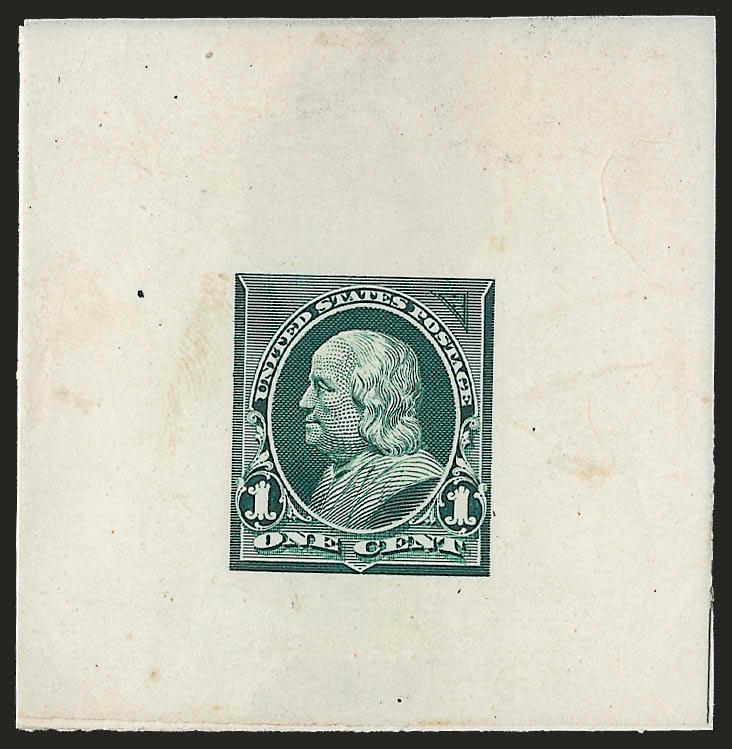 1c Green, Large Die Essay on India (247-E3).> 50 x 52mm, rich color, with no triangle at top left and with smaller triangle at top right than that adopted for the issued design, small thin spot at left well away
from design, Very Fine appearance, a r