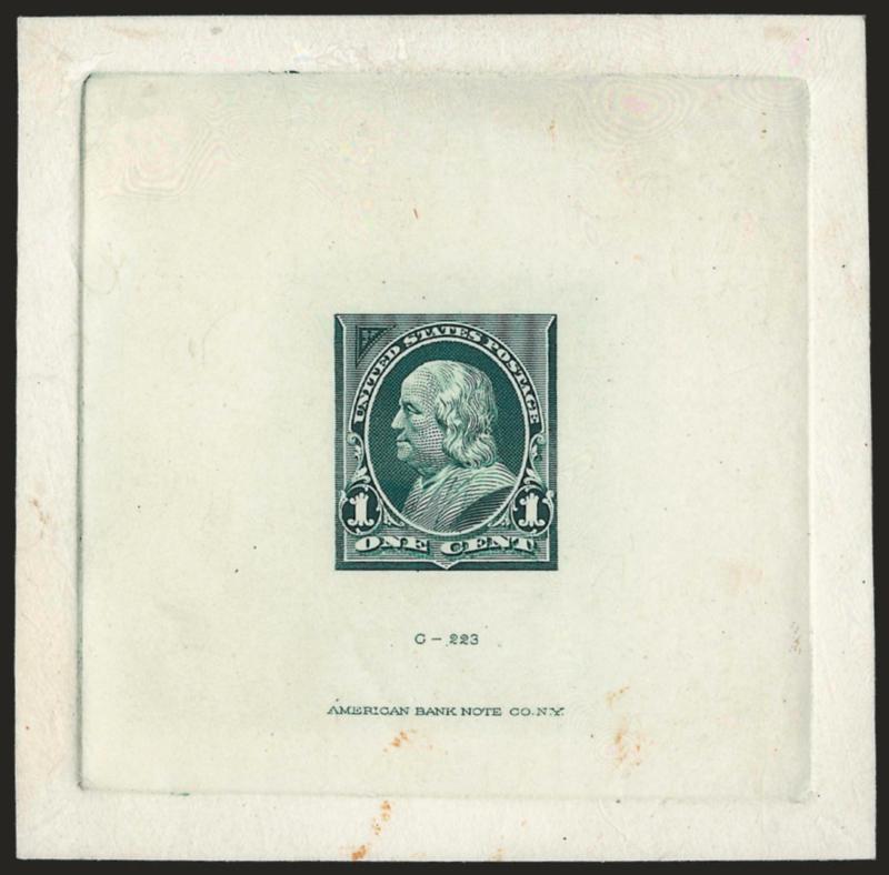 1c Dusky Blue Green, Large Die Essay on India (247-E5).> On 72 x 72mm card with full die sinkage, rich color, with triangle at top left but not at top right and with lines of triangle significantly thicker than
the adopted design, die imprint at bott
