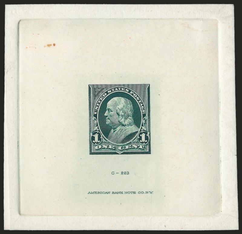 1c Dusky Blue Green, Large Die Essay on India (247-E6).> On 72 x 70mm card with full die sinkage, rich color, with triangle at top left but not at top right and with lines of triangle thinner than the previous
essay, die imprint at bottom, small tone