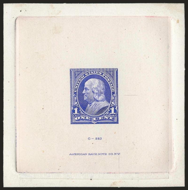 1c Ultramarine, Large Die Essay on India (247-E8).> On 71 x 72mm card with full die sinkage, die imprint at bottom, with both triangles engraved, fresh and Very Fine, a beautiful essay, ex Brazer