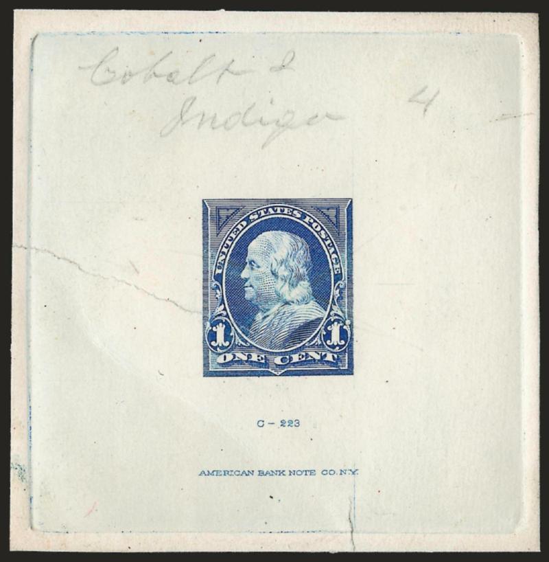 1c Ultramarine, Large Die Essay on India (247-E8).> On 65 x 67mm card with full die sinkage, die imprint at bottom, with both triangles engraved, pencil <<Cobalt 2 Indigo 4>> at top, also with lightened pencil X
thru design, card with sealed tear