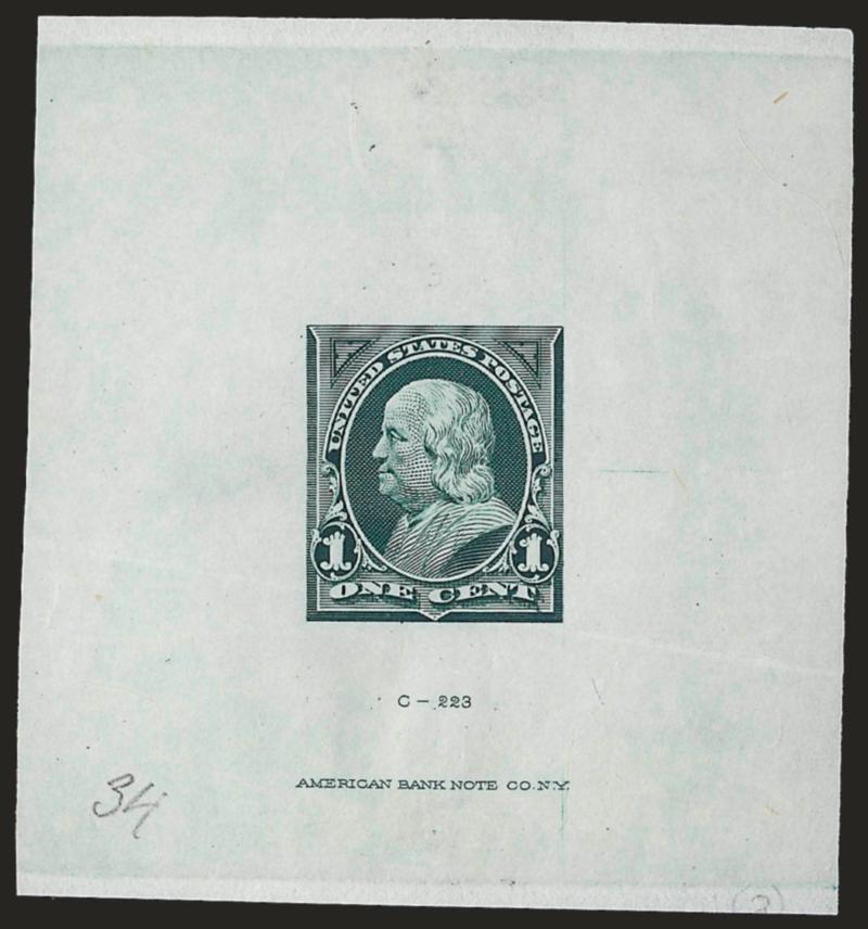 1c Dusky Blue Green, Large Die Essay on India (247-E8 var).> 60 x 66mm, die imprint at bottom, with both triangles engraved, ms. <<34>> at bottom left refers to the Bureau die no. light diagonal crease, still
Very Fine, a rare and possibly unique e