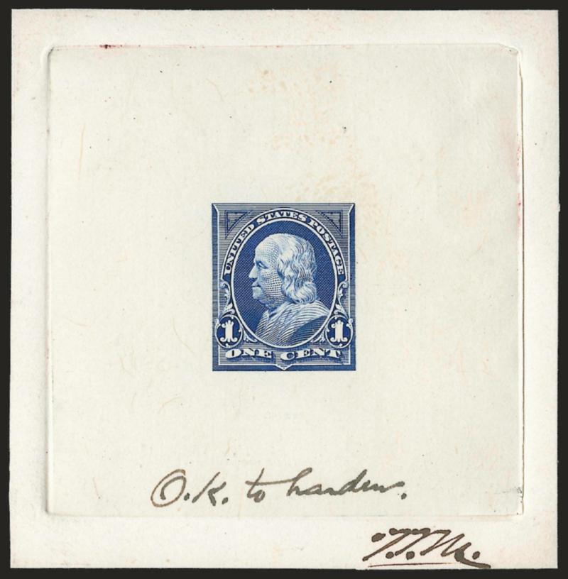 1c Blue, Large Die Proof on India (247P1).> On 72 x 73mm card with full die sinkage, rich color, ms. <<O.K. to harden. T.F.M.>> at bottom, albino impression of American imprint, Very Fine and choice, probably
unique, ex Brazer, Scott Retail as norm