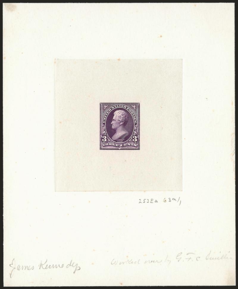 1c-5c 1894-98 Bureau Issue, Large Die Proofs on India (247P1, 250P1, 253AP1, 255P1).> Each on approximately 110 x 128mm cards with full die sinkage, each with ms. <<James Kennedy>> at lower left and also ms.
<<Worked over by G.F.C. Smillie>>, few