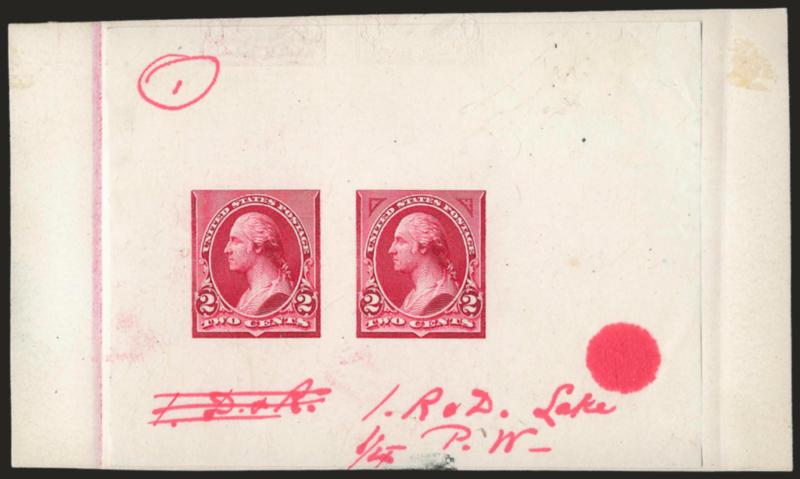 2c Red Lake, Composite Large Die Essay on India (250-E2).> On 115 x 68mm card, showing two designs, one at left without corner triangles, design at right with experimental 15-line high triangles, red ms. <<1. D.
& R.>> crossed out and with <<1. R