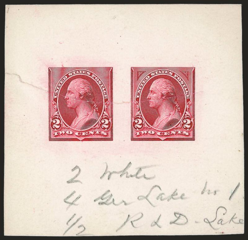 2c Red Lake, Composite Large Die Essay on India (250-E2).> On 71 x 69mm card, showing two designs, one at left without corner triangles, design at right with experimental 15-line high triangles, ms. <<2 White 4
Ger Lake no. 1, 12 R & D Lake>>, tor