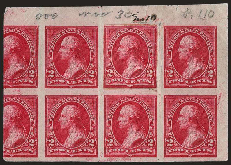 2c Carmine Lake, Plate Essay on Stout Wove Paper (250-E var).> Block of six, huge margins incl. significant portion of adjoining stamps at left and also corner sheet margin at top right, top center design pasted
in place and with smaller triangles th