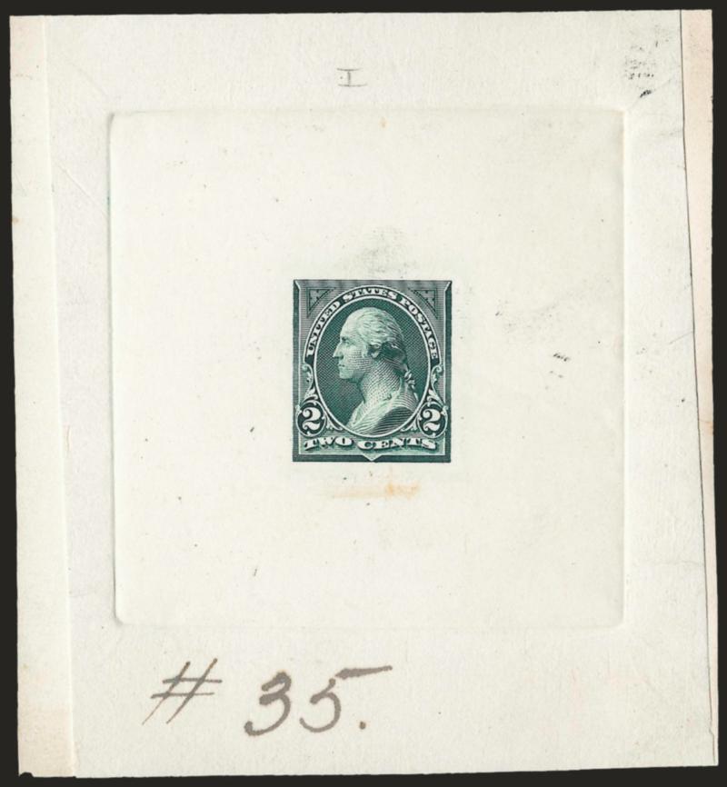 2c Blue Green, Large Die Trial Color Proof on India (250TC1).> On 84 x 92mm card with full die sinkage, with albino impression of American die no. imprint at bottom, ms. 35 refers to Bureau die no., small scuff
below design, otherwise Very Fine, s