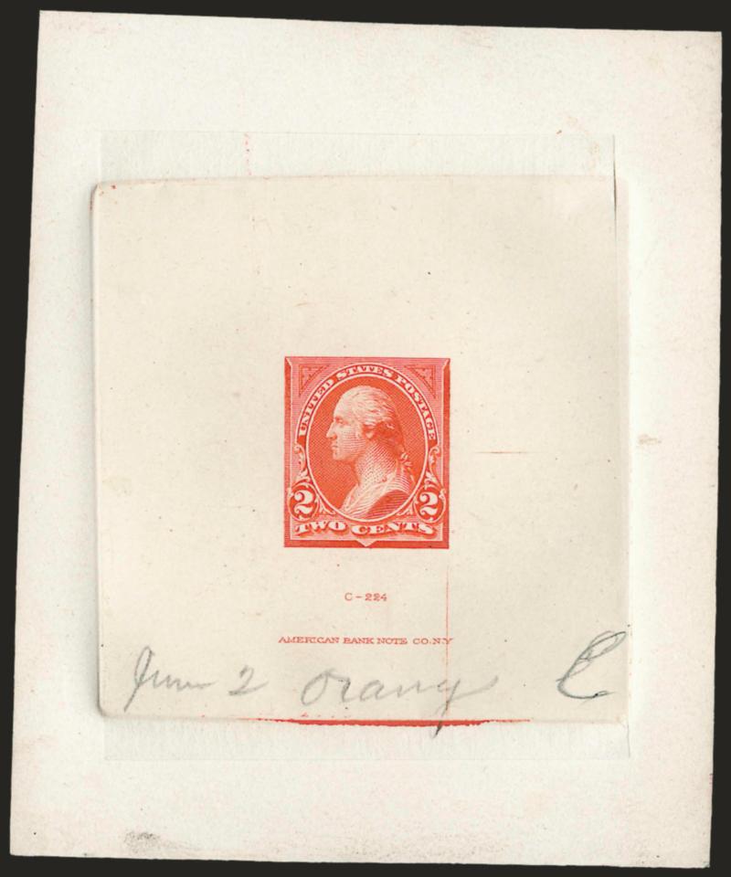 2c Orange, Large Die Trial Color Proof on India (250TC1).> On 80 x 97mm card with full die sinkage, American die no. imprint at bottom, pencil <<June 2 Orange>> at bottom, Very Fine, probably unique, ex Morris,
Scott Catalogue does not list any tri