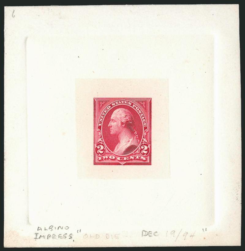 2c Type I, Trial Color Proofs on India (250TC1).> Six, incl. two on card with full die sinkage, two stamp size and two approximately 45 x 45, colors incl. Rose, Carmine Rose, Deep Orange Red, few flaws, overall
Fine-Very Fine, ex Brazer, Scott Catalo