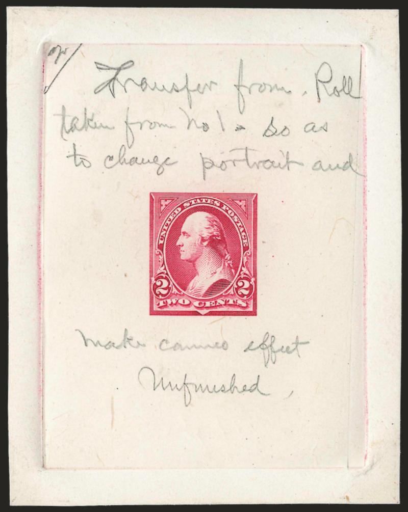 2c Dark Violet Red, Ty. II, Large Die Essay on India (251-E1).> on 70 x 88mm card with full die sinkage, ms. <<Transfer from Roll taken from No. 1 so as to change portrait make cameo effect Unfinished>>, Very
Fine, probably unique, a fantastic essa