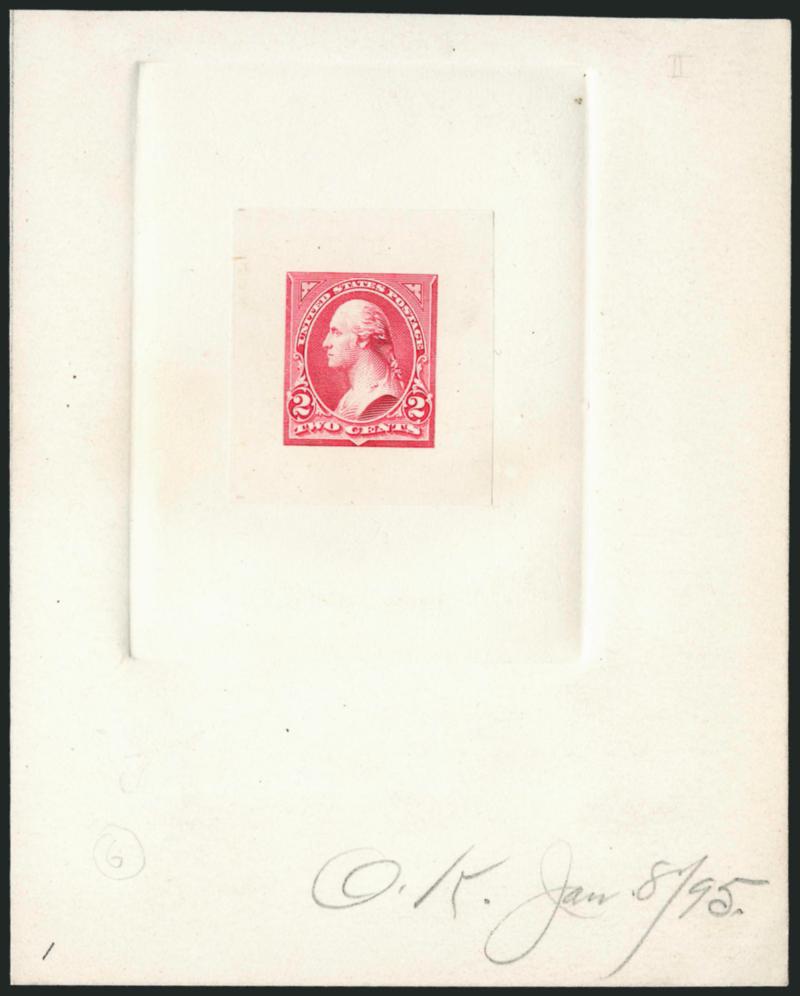 2c Carmine, Ty. II, Large Die Proofs on India (251P1).> Eight, incl. one printed directly on card with full die sinkage and ms. <<O.K. Jan. 895>>, several others with notations incl. <<new die Dec. 1994>>, also
one with <<Transfer from No. 1.