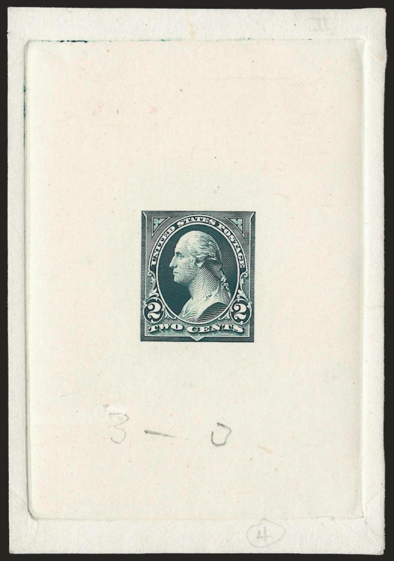 2c Dusky Blue Green, Ty. III, Large Die Essay on India (252-E2).> On 63 x 92mm card with full die sinkage,pencil <<3 -- 3>> at bottom, bright color, fresh and Very Fine, scarce essay, ex Morris