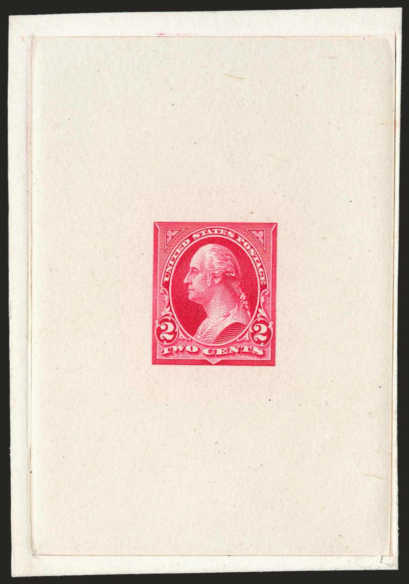 2c Light Carmine, Ty. III, Large Die Essay on India (252-E3).> On 60 x 87mm card with full die sinkage, bright color, Very Fine and choice, scarce, from the so-called discarded die which shows a heavier George
Washington (Fat George), only three ar