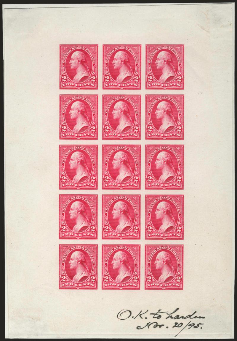 2c Carmine, Ty. III, Large Die Proof Multiple on India (252P1 var).> Fifteen die impressions laid out to appear as a sheet, 111 x 162mm with wide margins on all sides, ms. <<O.K. to harden Nov. 2095>> at lower
right, trivial thin spots at corners