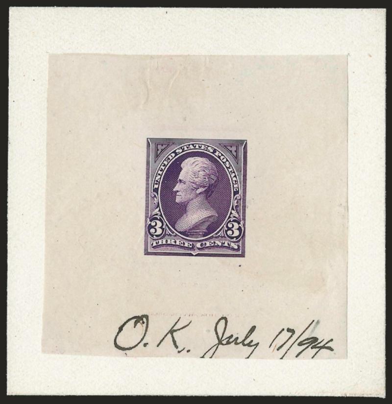 3c Purple, Ty. I, II, Large Die Proofs on India (253P1, 253AP1).> Two of first, one 57 x 57mm on 72 x 73mm card with ms. <<O.K. July 1794>> at bottom second printed directly on 71 x 72mm card with full die
sinkage and ms. <<Color O.K. July 2894