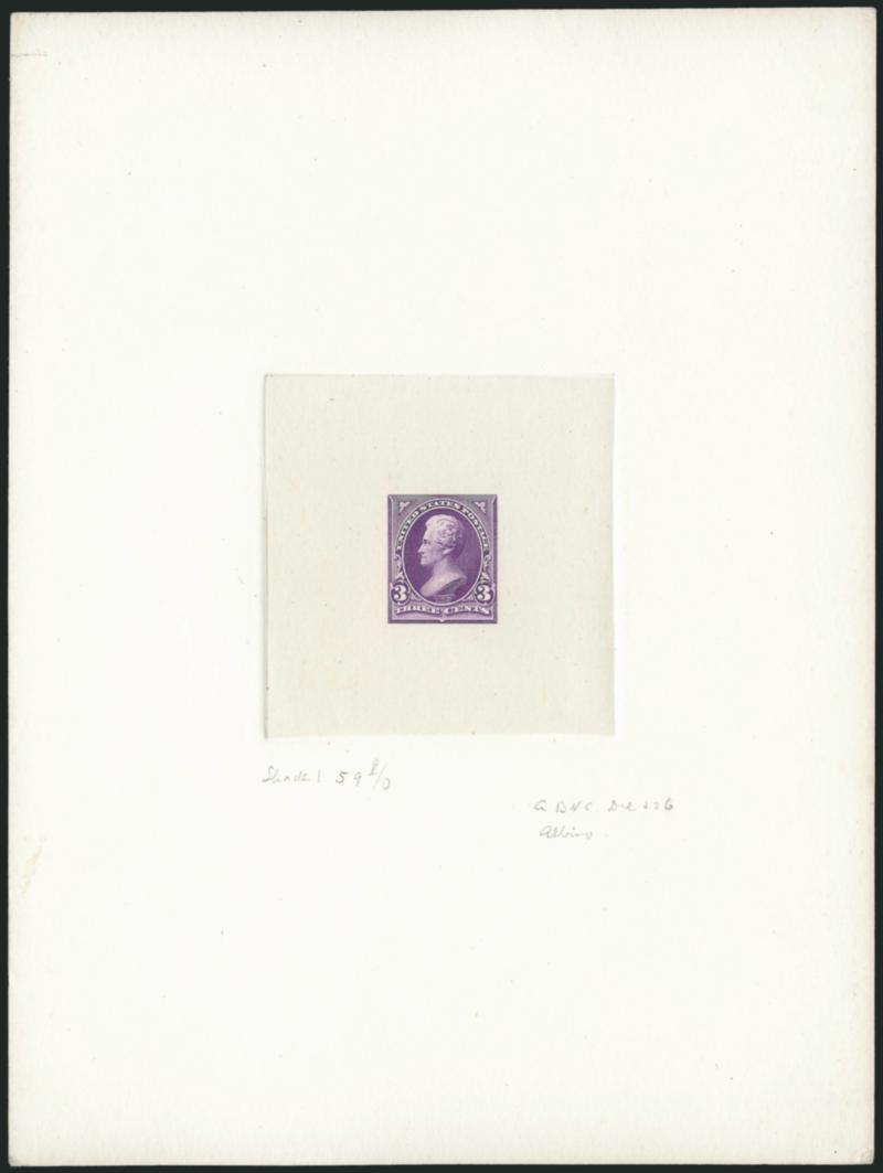 3c Purple, Ty. II, Large Die Proof on India (253AP1).> On 150 x 200mm card with full die sinkage, with albino die no. at bottom, card with some creasing at corners, still Very Fine, also accompanied by No. 221P1
on 86 x 84mm card with full die sinkag