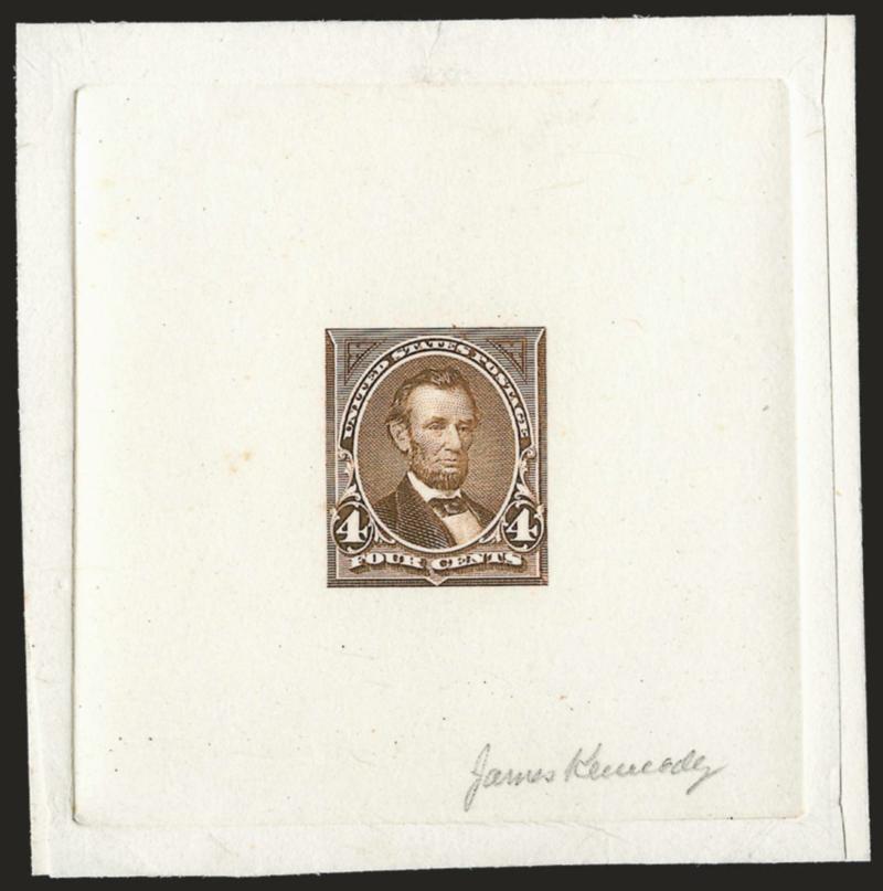 4c Dark Yellow Brown, Large Die Essay on India (254-E1).> On 72 x 73mm card with full die sinkage, signed in pencil <<James Kennedy>> at lower right, Very Fine and choice, scarce essay