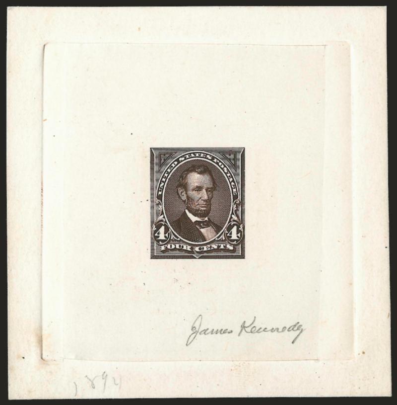 4c Dark Brown, Large Die Essay on India (254-E3).> On 76 x 78mm card with full die sinkage, signed in pencil <<James Kennedy>> at lower right, few light toned spots well away from design, Very Fine, a beautiful
essay