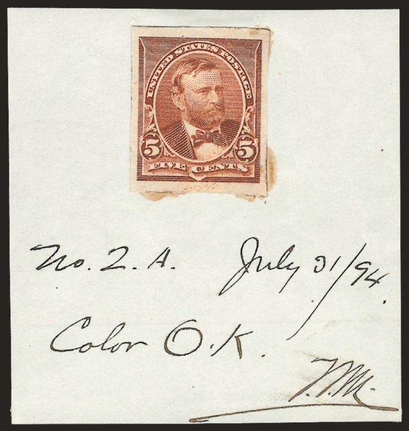 5c Chocolate, Large Die Proof on India (223P1).> Slightly larger than stamp size and affixed to 61 x 64mm card, ms. <<No. 2.A. July 3194. Color O.K. T.F.M.>>, some slight toning around edges from adhesive, Very
Fine, likely printed by the B.E.P. f