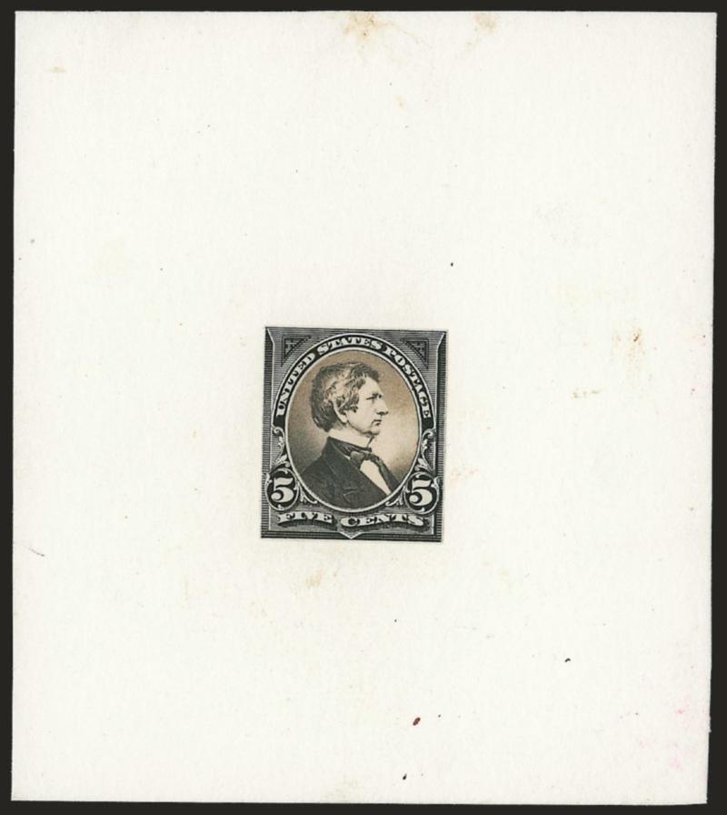 5c Black, Composite Essay on India (255-E3).> Cut close and mounted on 74 x 84mm card, with <photograph of William Seward mounted in place,> intense color<><>^VERY FINE. THE UNIQUE COMPOSITE ESSAY FOR THE 5-CENT
BUREAU ISSUE, COMBINING THE PRINTED
