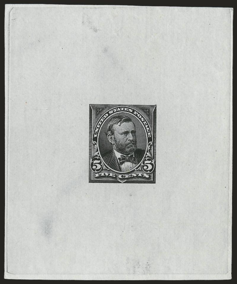 5c Black, Large Die Trial Color Proof on India (255TC1).> 64 x 78mm, intense shade and impression, albino impression of American die imprint, small thin spots, still Very Fine, scarce