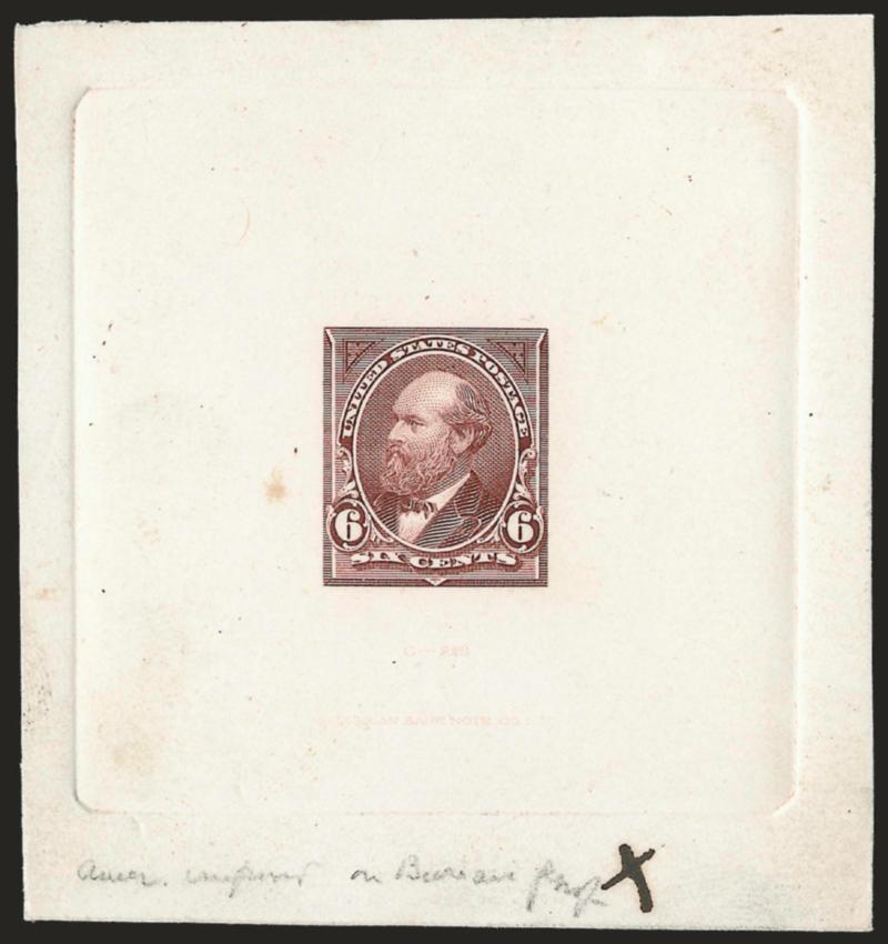 6c Dim Dusky Red, Large Die Essay on India (256-E2).> On 72 x 77mm card with full die sinkage, faint impression of American die imprint and with pencil <<Amer. imprint on Bureau proof>> and also with ms. X,
small toned spot to left of design, Ver