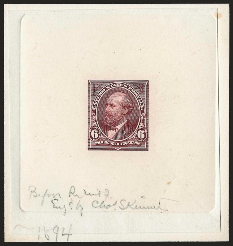 6c Dim Dusky Red, Large Die Essay on India (256-E2).> On 71 x 75mm card with full die sinkage, rich color, pencil <efore recut, Engr. by Chas. Skinner 1894>>, fresh and Very Fine, a beautiful essay