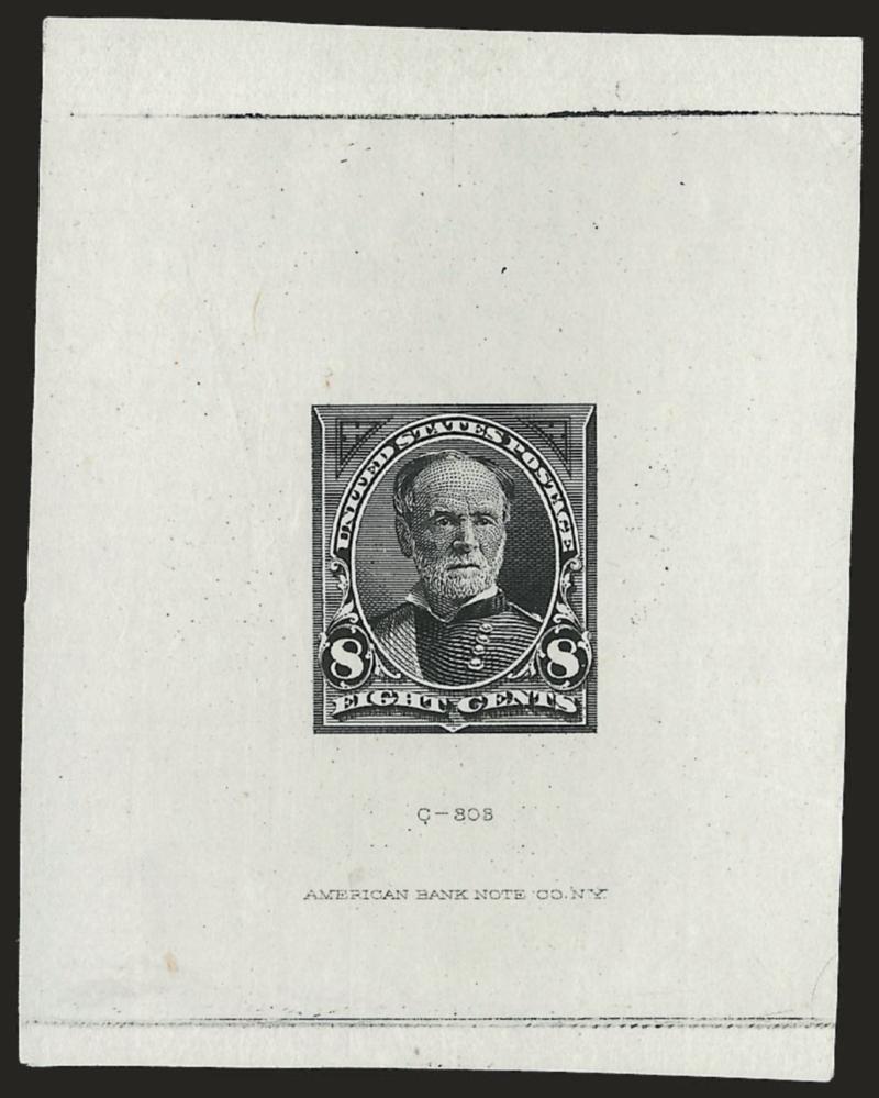8c Black, Large Die Trial Color Proof on India (257TC1).> 77 x 71mm, with blue 49728 control no. on back applied inverted in relation to design, Very Fine, scarce, only three are recorded