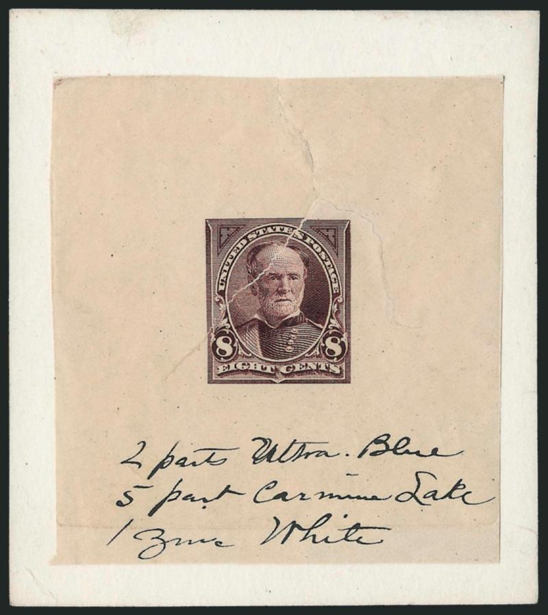 8c Violet Brown, Large Die Proof on India (257P1).> 60 x 65mm and mounted on 70 x 80mm card, with ms. <<2 parts Ultra Blue, 5 parts Carmine Lake, 1 Zinc White>> at bottom, tear at top extends thru design,
otherwise Very Fine, scarce and especially